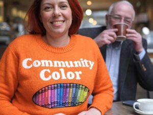 AI generated version of the Community Color sweater in my dream, courtesy of Grok.